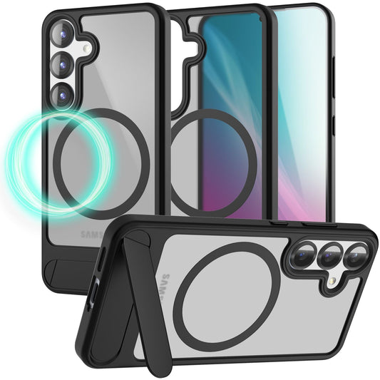NALIA Triton hulstur fyrir Samsung Galaxy S25 Plus með MagSafe, segulmagnað hulstur með smellustandi, hringur fyrir segulhleðslu, hálfgagnsætt verndarhulstur með svörtum sílikonbrún.