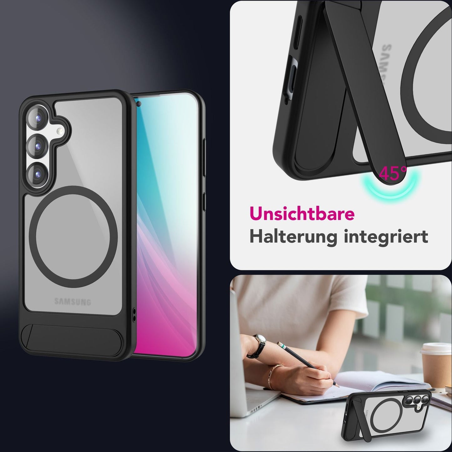 NALIA Triton hulstur fyrir Samsung Galaxy S25 Plus með MagSafe, segulmagnað hulstur með smellustandi, hringur fyrir segulhleðslu, hálfgagnsætt verndarhulstur með svörtum sílikonbrún.