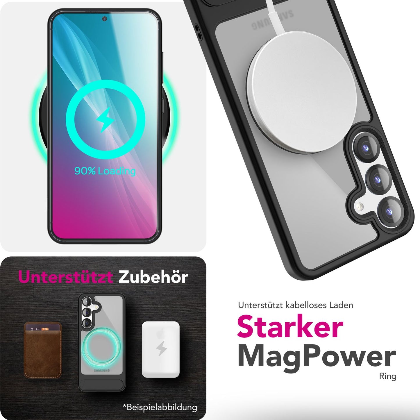 NALIA Triton hulstur fyrir Samsung Galaxy S25 Plus með MagSafe, segulmagnað hulstur með smellustandi, hringur fyrir segulhleðslu, hálfgagnsætt verndarhulstur með svörtum sílikonbrún.