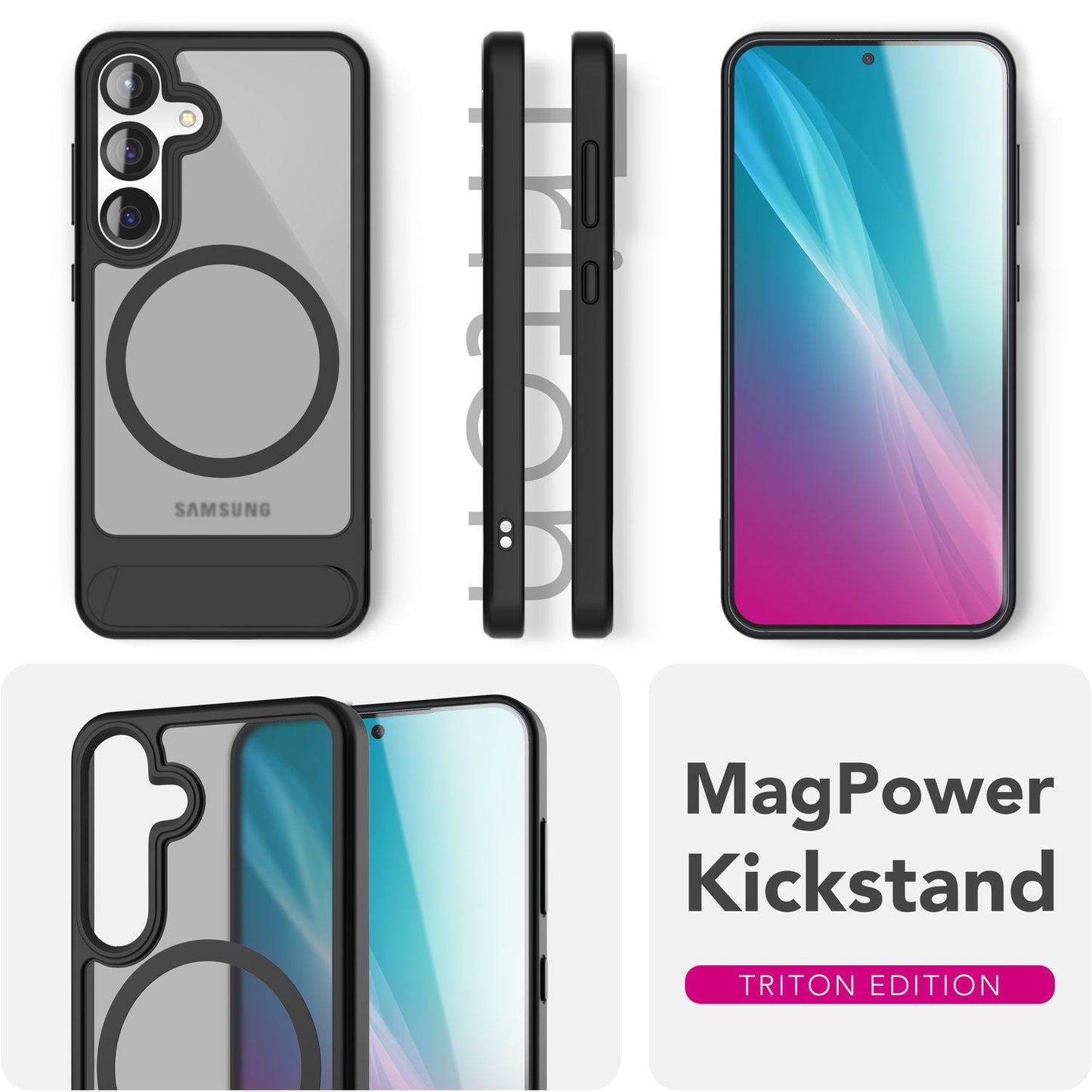 NALIA Triton hulstur fyrir Samsung Galaxy S25 Plus með MagSafe, segulmagnað hulstur með smellustandi, hringur fyrir segulhleðslu, hálfgagnsætt verndarhulstur með svörtum sílikonbrún.