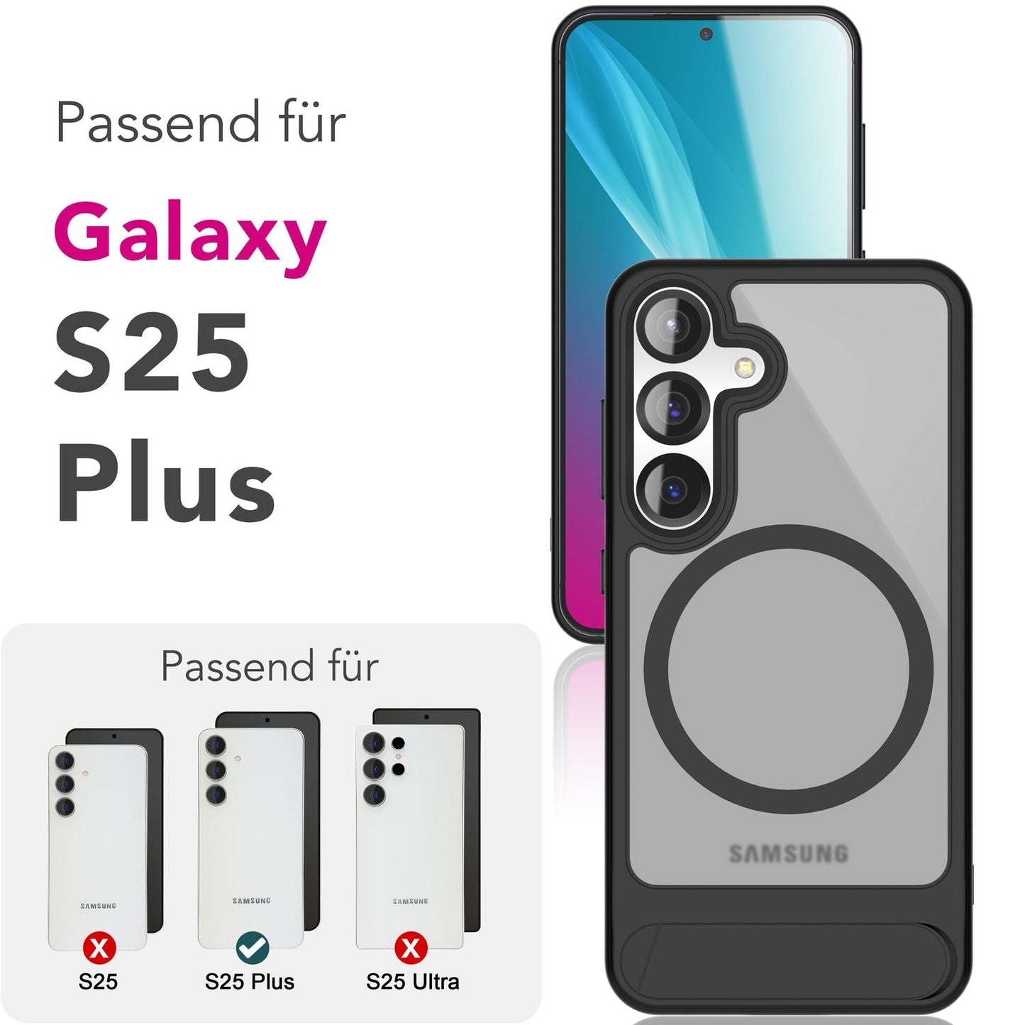 NALIA Triton hulstur fyrir Samsung Galaxy S25 Plus með MagSafe, segulmagnað hulstur með smellustandi, hringur fyrir segulhleðslu, hálfgagnsætt verndarhulstur með svörtum sílikonbrún.