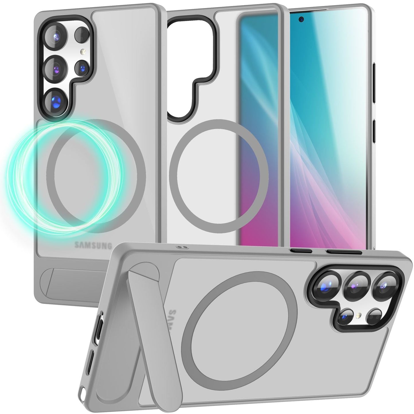 NALIA Triton hulstur fyrir Samsung Galaxy S25 Ultra með MagSafe, segulmagnað hulstur með standi, hringur fyrir segulhleðslu, hálfgagnsætt símahulstur með sílikonramma