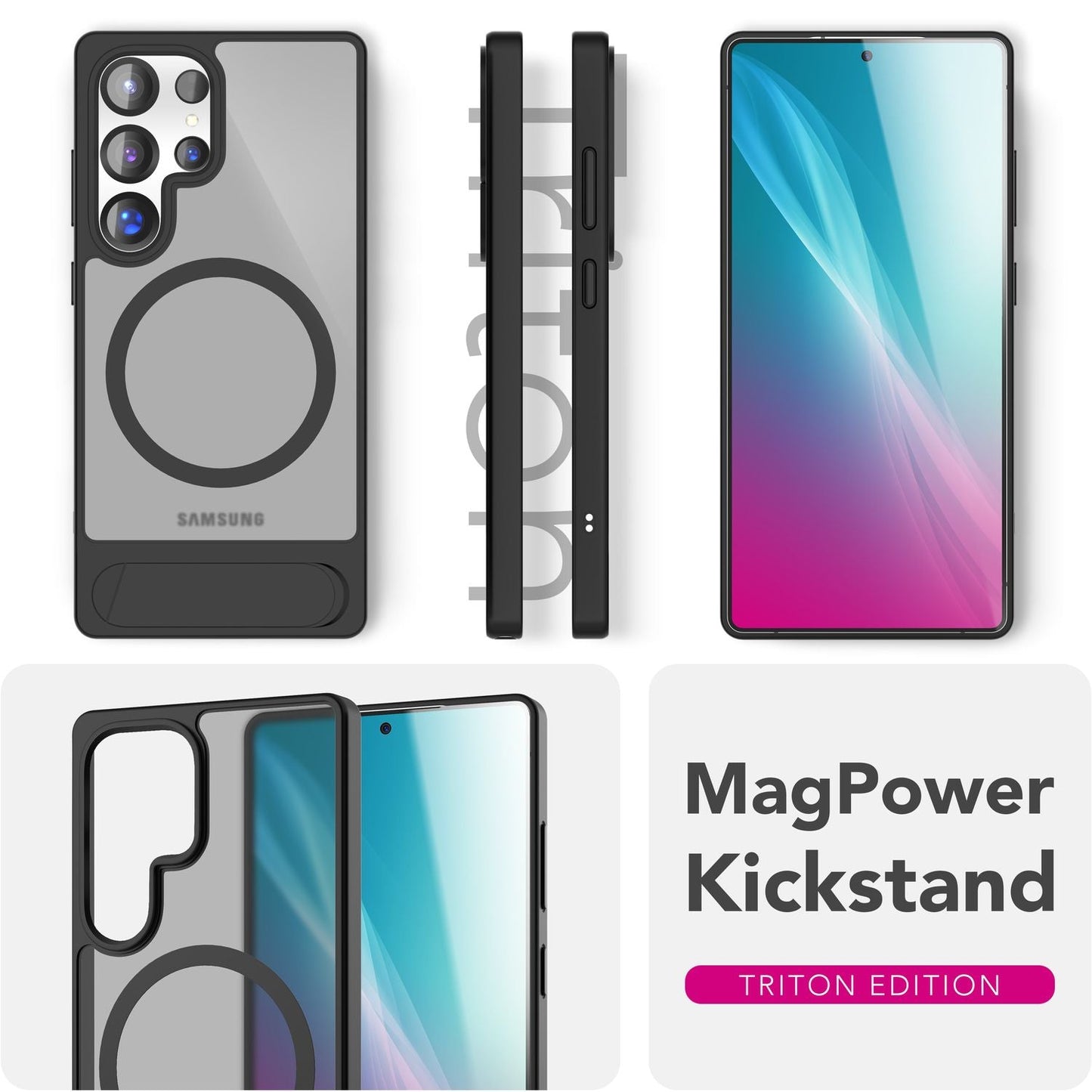 NALIA Triton hulstur fyrir Samsung Galaxy S25 Ultra með MagSafe, segulmagnað hulstur með standi, hringur fyrir segulhleðslu, hálfgagnsætt símahulstur með sílikonramma