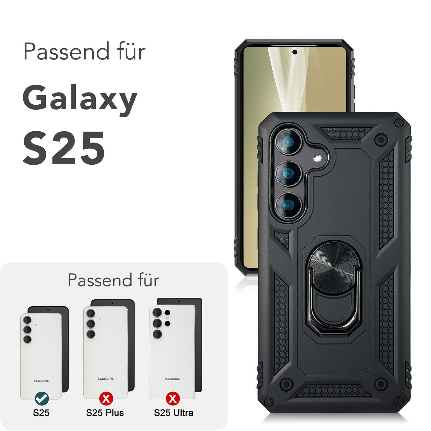 NALIA RingDefend hulstur fyrir Samsung Galaxy S25, brynvarið hringhulstur í hernaðarstíl, höggþolið verndarhulstur með 360° snúningshring, fyrir stand og fingurfestingu.