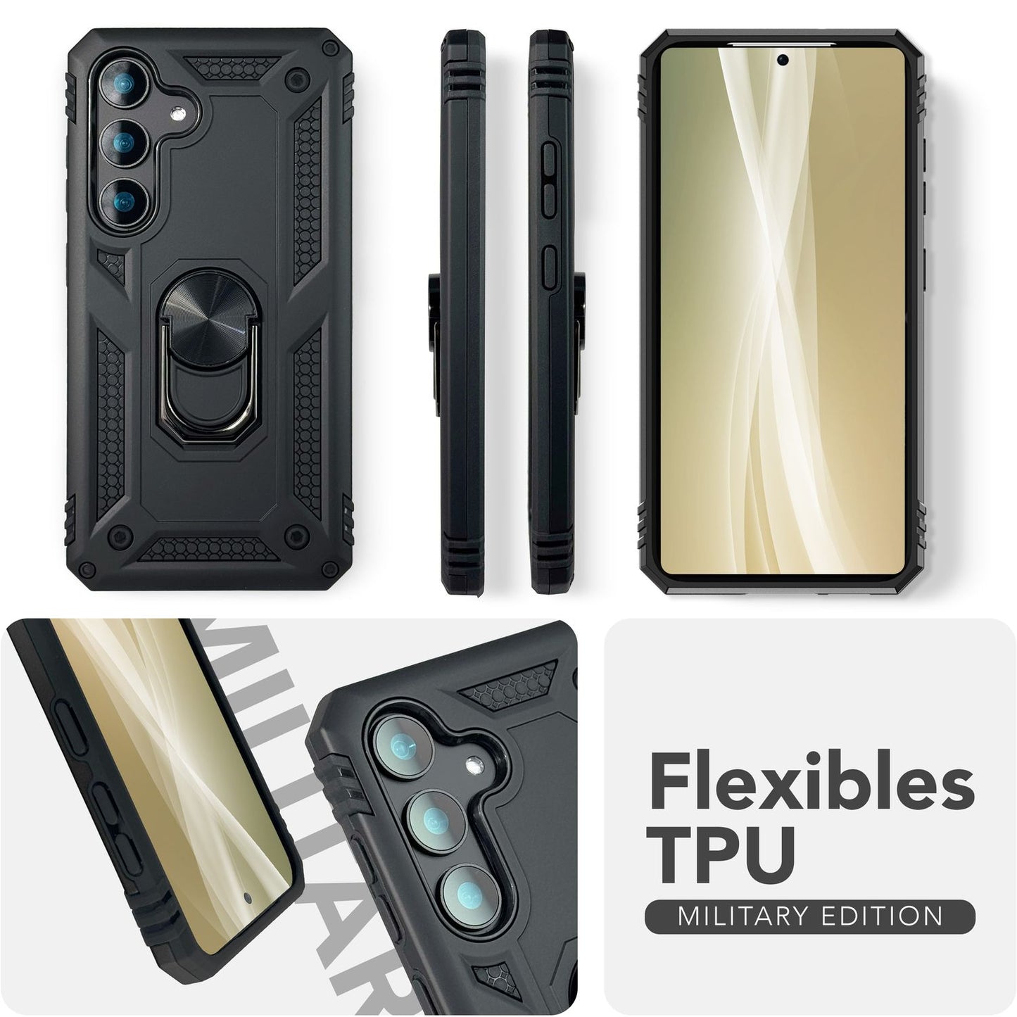 NALIA RingDefend hulstur fyrir Samsung Galaxy S25, brynvarið hringhulstur í hernaðarstíl, höggþolið verndarhulstur með 360° snúningshring, fyrir stand og fingurfestingu.