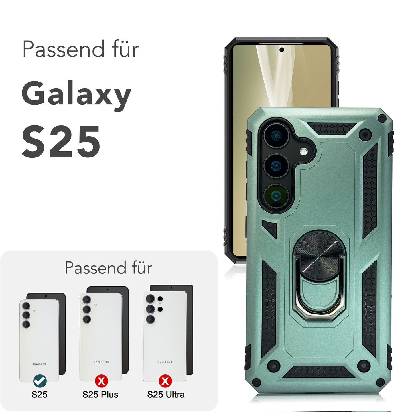 NALIA RingDefend hulstur fyrir Samsung Galaxy S25, brynvarið hringhulstur í hernaðarstíl, höggþolið verndarhulstur með 360° snúningshring, fyrir stand og fingurfestingu.