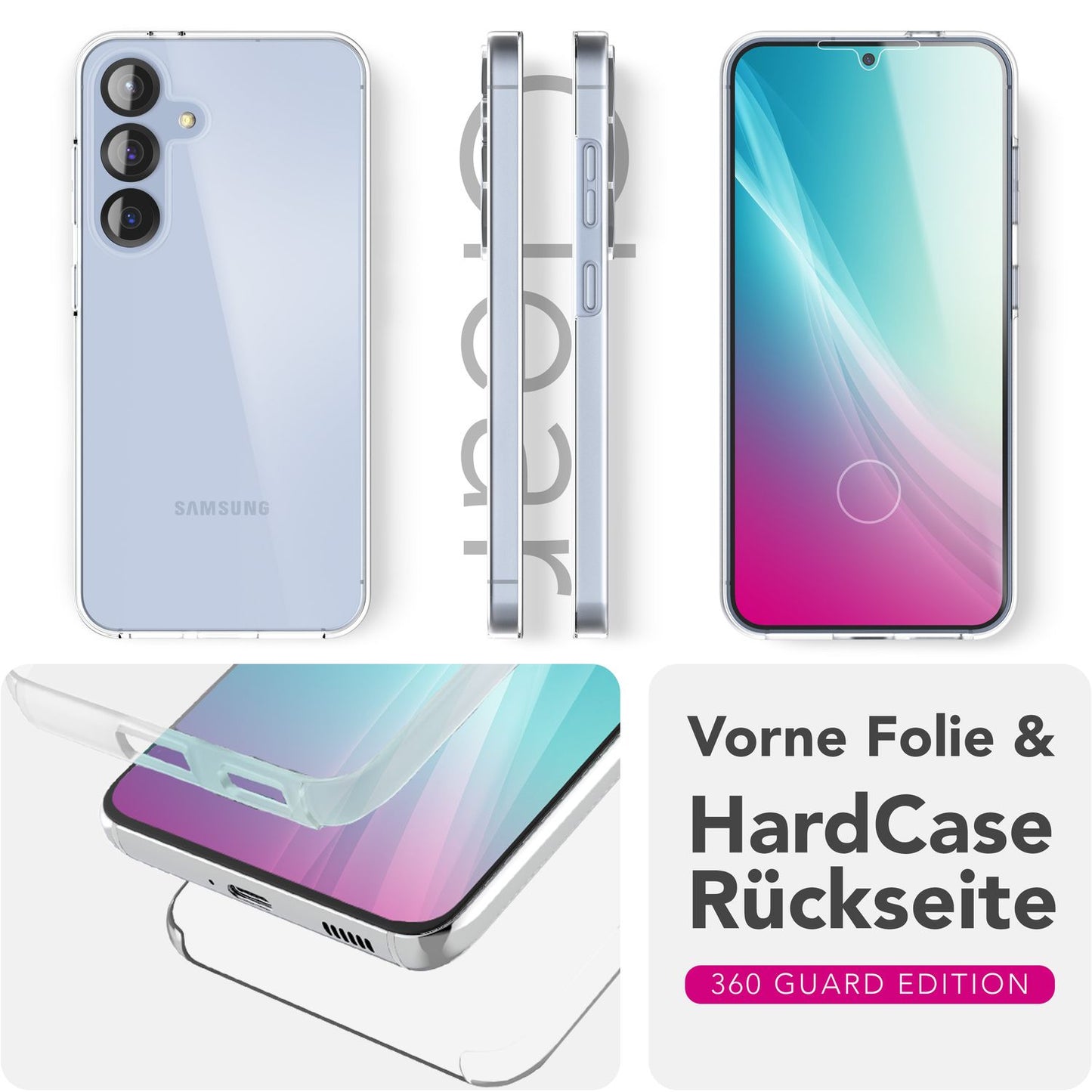 NALIA 360Guard hulstur fyrir Samsung Galaxy S25, kristaltært 360° verndarhulstur, gulnunarvörn, gegnsætt og fullverndandi símahulstur, sterkt tveggja hluta gegnsætt hulstur sem nær yfir allan líkamann.