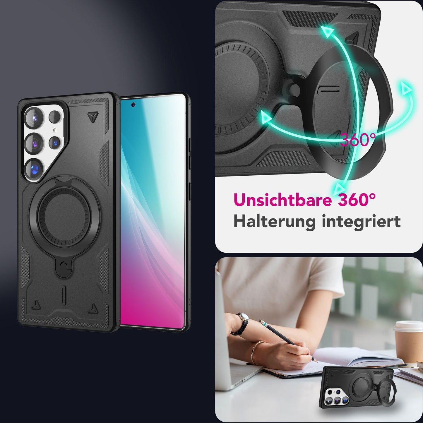 NALIA Stormguard hulstur fyrir Samsung Galaxy S25 Ultra með MagSafe, Armor Military Ring hulstri, höggheldur og fallheldur símahulstur með 360° snúningshring fyrir standvirkni