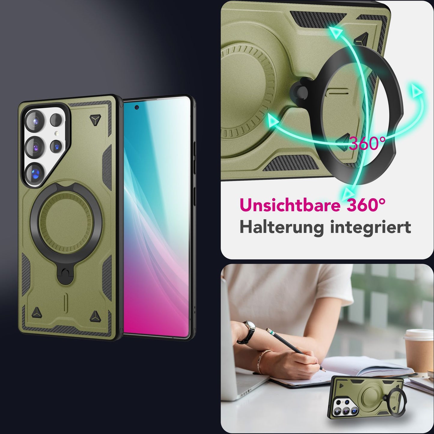 NALIA Stormguard hulstur fyrir Samsung Galaxy S25 Ultra með MagSafe, Armor Military Ring hulstri, höggheldur og fallheldur símahulstur með 360° snúningshring fyrir standvirkni