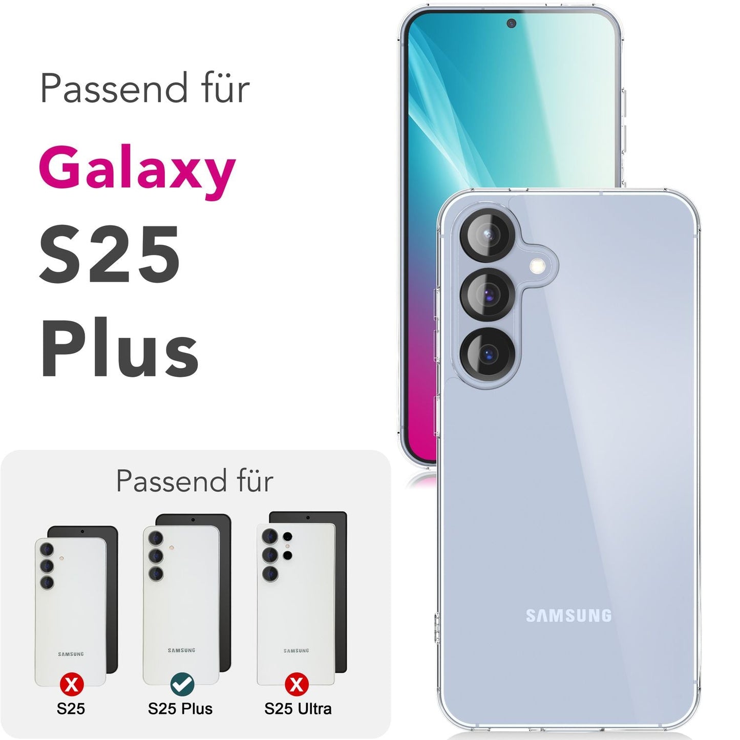 NALIA Blyss hulstur fyrir Samsung Galaxy S25 Plus, gegnsætt símahulstur, gegnsætt rispuþolið bakhlið og höggdeyfandi sílikonrammi, gegnsætt hulstur með gulnunarvörn.