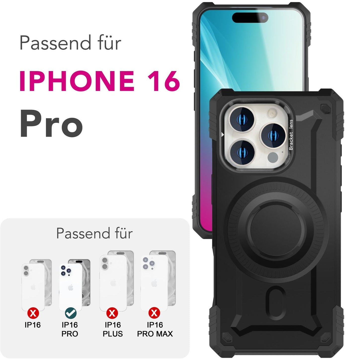 NALIA Granite Case for iPhone 16 Pro [for MagSafe], Extremely Robust Armored Protection, Strong MagPower Magnet, Shock and Shatter Resistant, Camera Stand