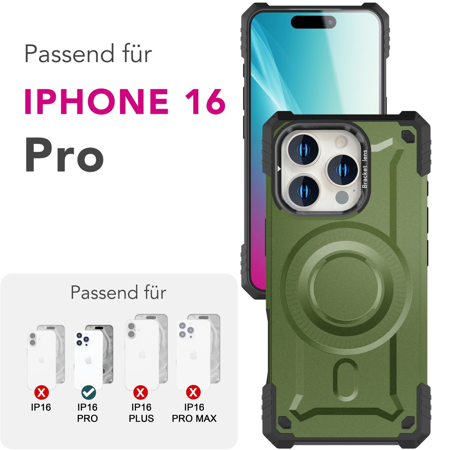 NALIA Granite Case for iPhone 16 Pro [for MagSafe], Extremely Robust Armored Protection, Strong MagPower Magnet, Shock and Shatter Resistant, Camera Stand
