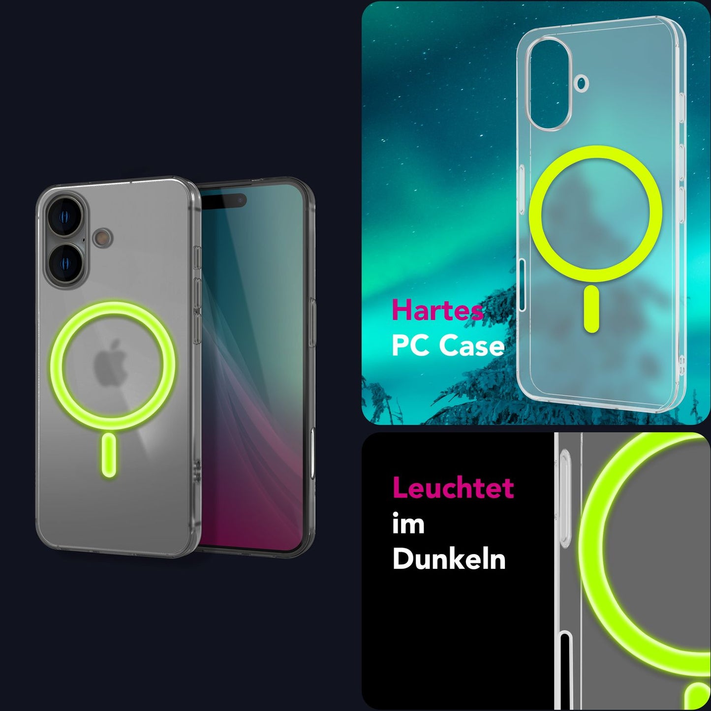 NALIA Thinix iPhone 16 hulstur [fyrir MagSafe], með segulhring sem glóar í myrkri, 0,3 mm þunnt, afar létt og matt, mjólkurglært, afar þunnt símahulstur