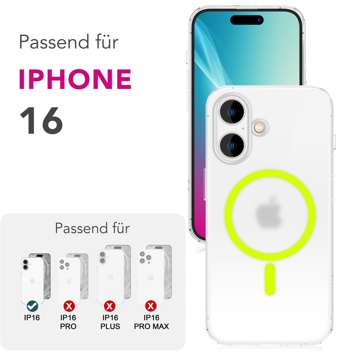 NALIA Thinix iPhone 16 hulstur [fyrir MagSafe], með segulhring sem glóar í myrkri, 0,3 mm þunnt, afar létt og matt, mjólkurglært, afar þunnt símahulstur