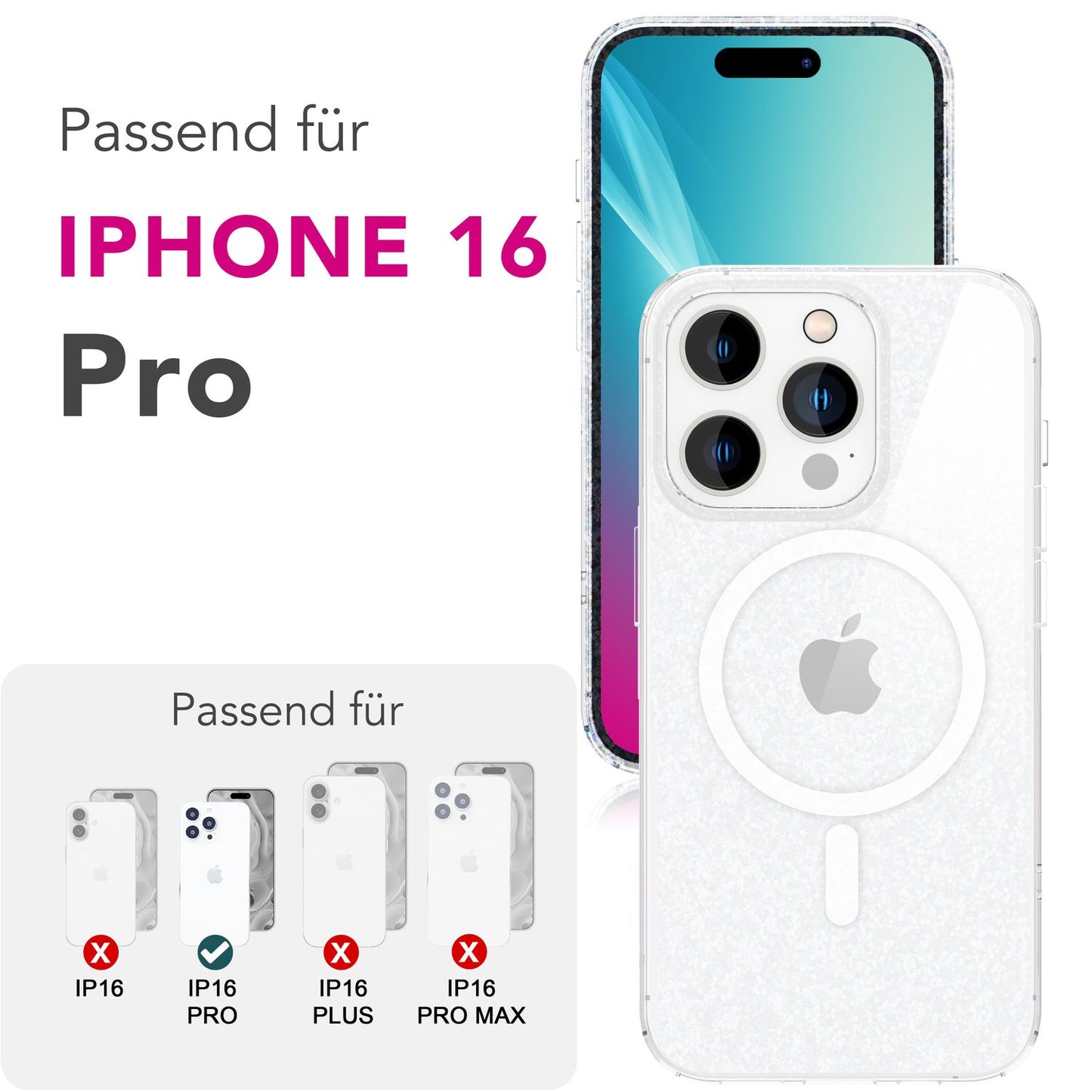 NALIA Starlite hulstur fyrir iPhone 16 Pro [fyrir MagSafe], gegnsætt glitrandi hulstur, innbyggður segulhringur, glitrandi hönnun, sterkur bakhlið og TPU rammi, gegnsætt glitrandi hulstur
