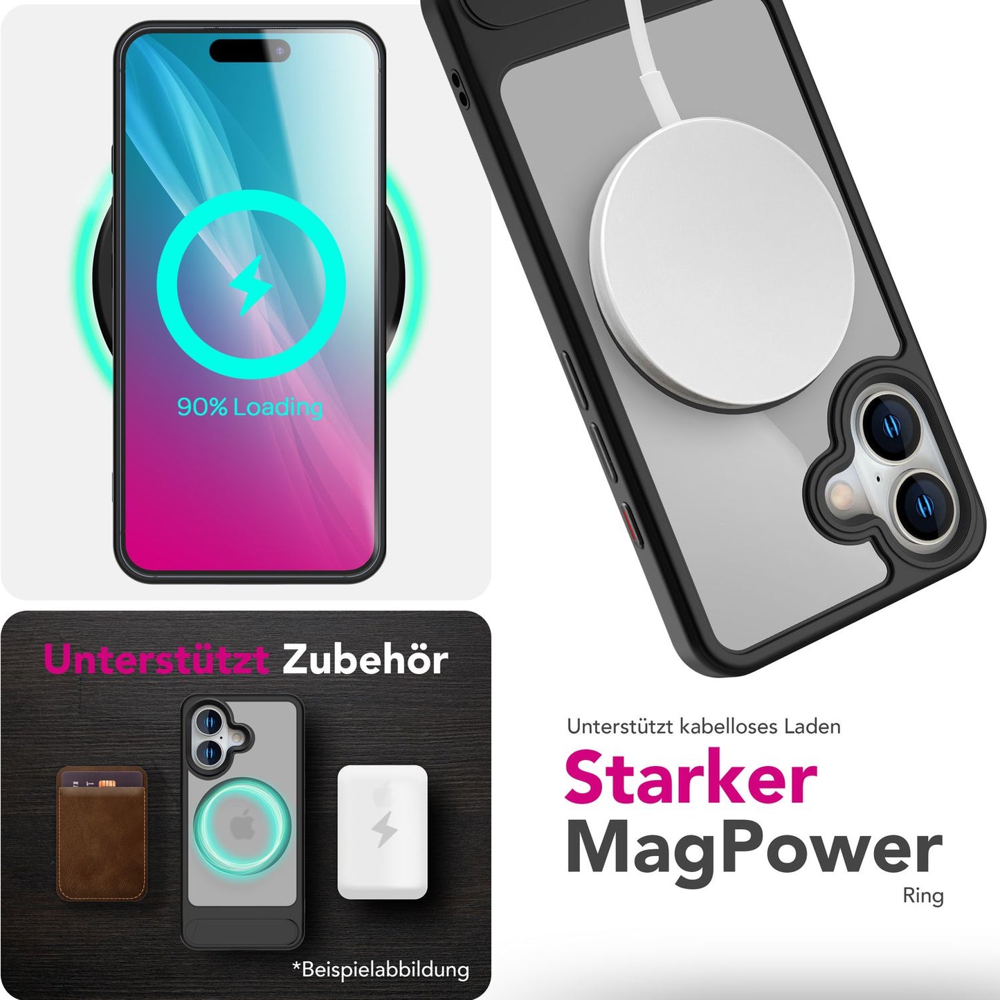 NALIA Triton Case for iPhone 16 [for MagSafe], Transparent Matte with Shock Protection, Kickstand, Integrated Magnetic Ring, Camera Protection Edge, Non-Slip - Titanium Black