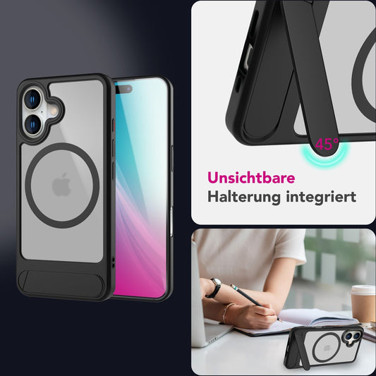 NALIA Triton Case for iPhone 16 [for MagSafe], Transparent Matte with Shock Protection, Kickstand, Integrated Magnetic Ring, Camera Protection Edge, Non-Slip - Titanium Black