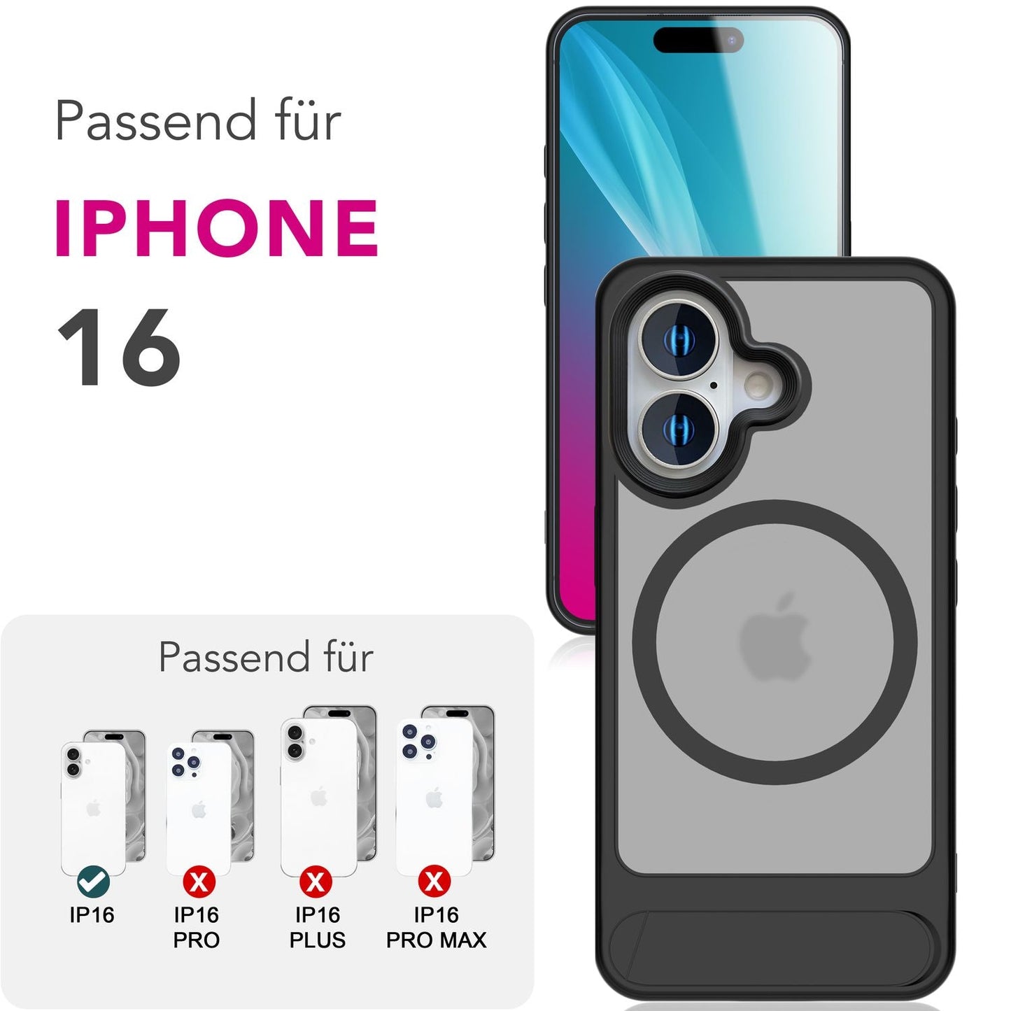 NALIA Triton Case for iPhone 16 [for MagSafe], Transparent Matte with Shock Protection, Kickstand, Integrated Magnetic Ring, Camera Protection Edge, Non-Slip - Titanium Black