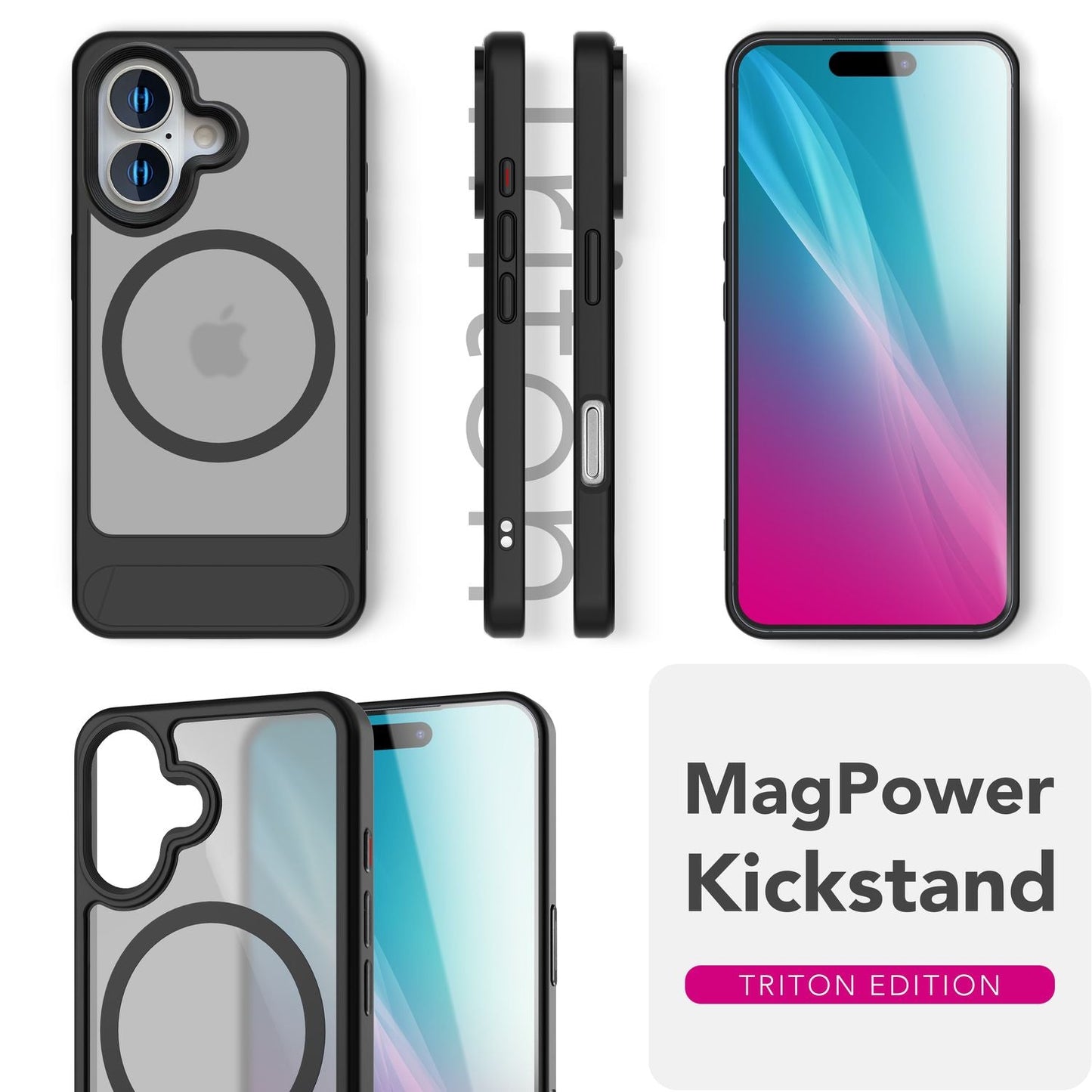 NALIA Triton Case for iPhone 16 [for MagSafe], Transparent Matte with Shock Protection, Kickstand, Integrated Magnetic Ring, Camera Protection Edge, Non-Slip - Titanium Black