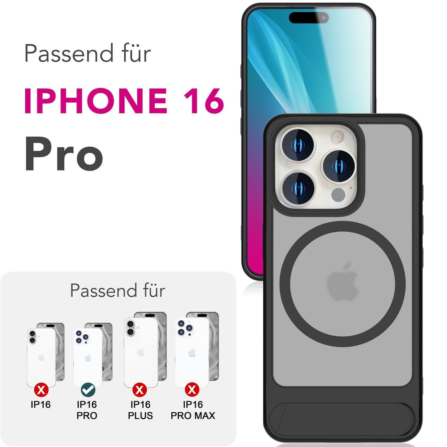 NALIA Triton Case for iPhone 16 Pro [for MagSafe], Matte Transparent Case with Kickstand, Shockproof &amp; Scratch-Resistant, Robust TPU Frame, Stable Back with Magnetic Ring