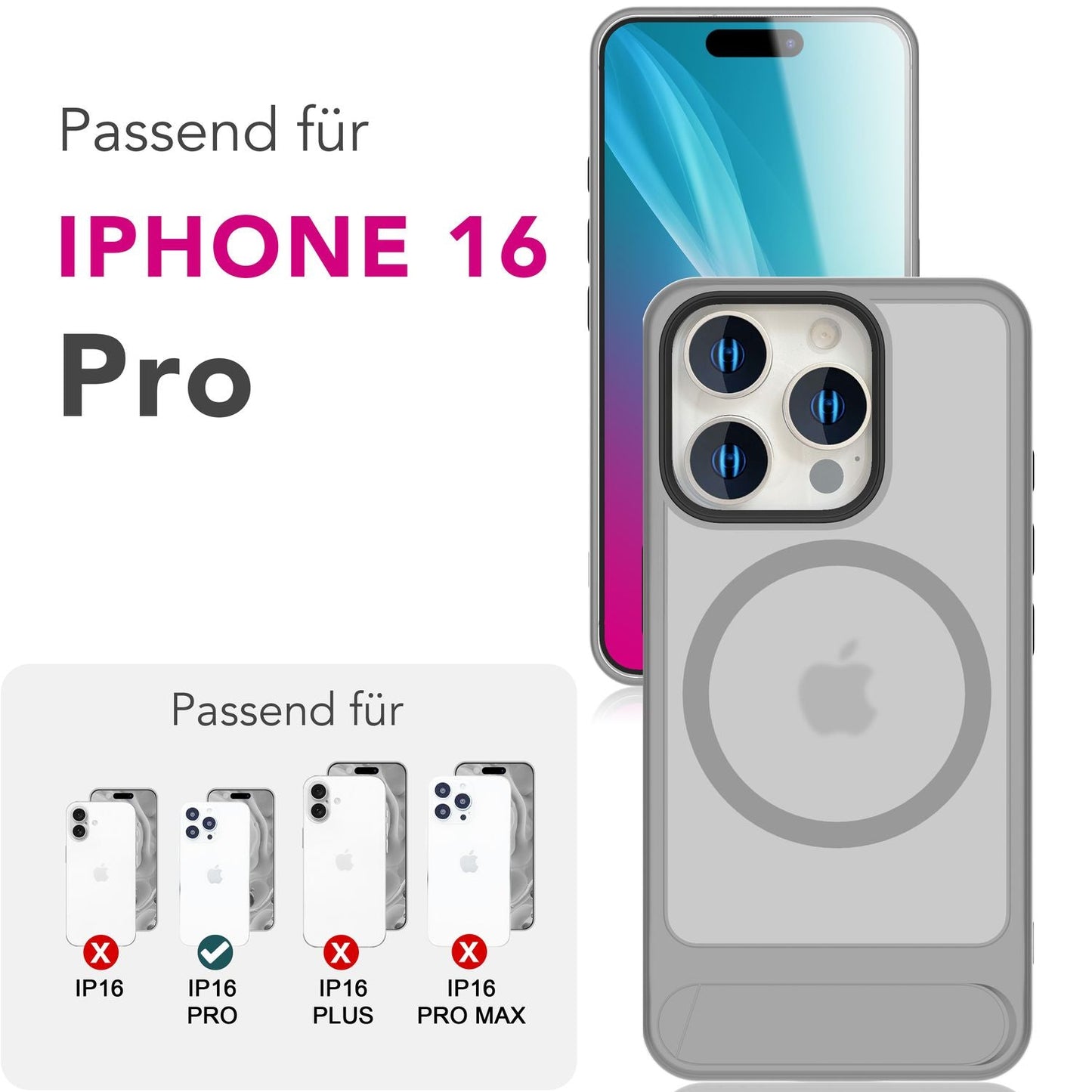 NALIA Triton Case for iPhone 16 Pro [for MagSafe], Matte Transparent Case with Kickstand, Shockproof &amp; Scratch-Resistant, Robust TPU Frame, Stable Back with Magnetic Ring