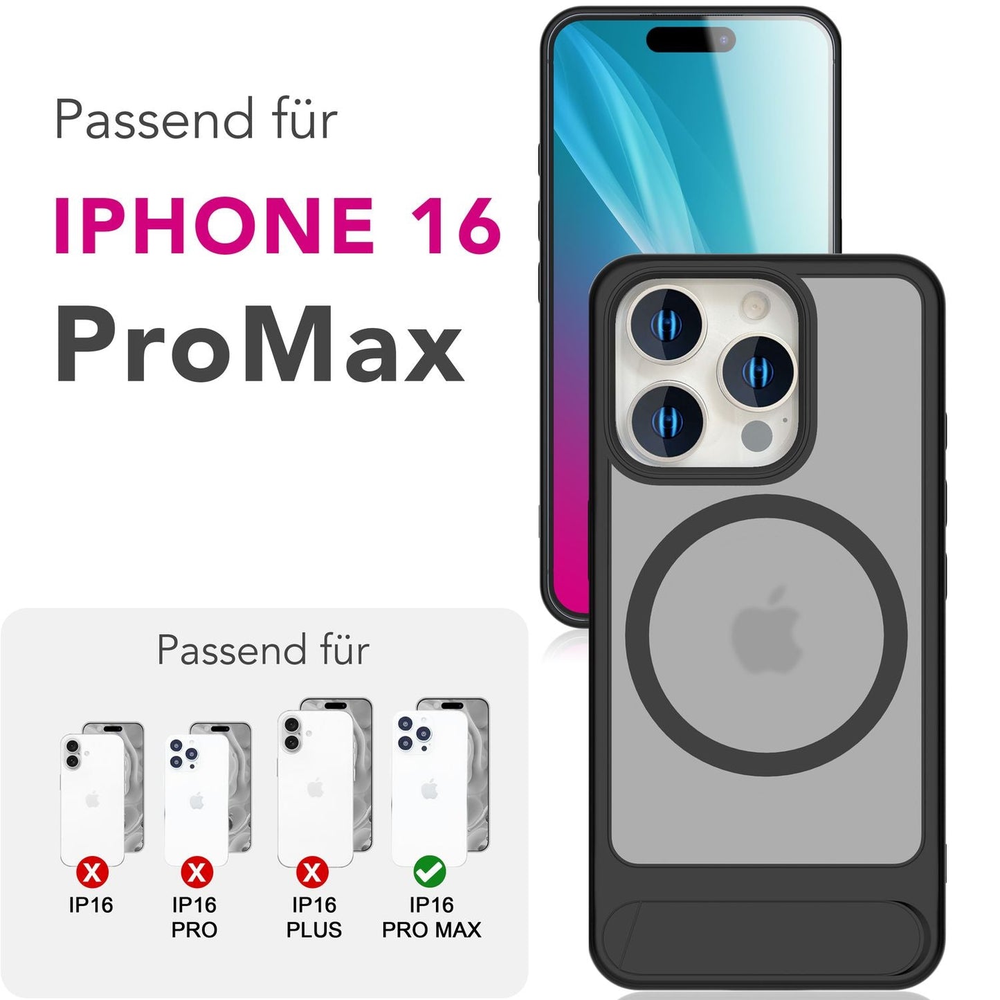 NALIA Triton Case for iPhone 16 Pro Max [for MagSafe], Matte Transparent, Stand, Integrated Magnetic Ring, Non-Slip, Shockproof &amp; Raised Camera Edge