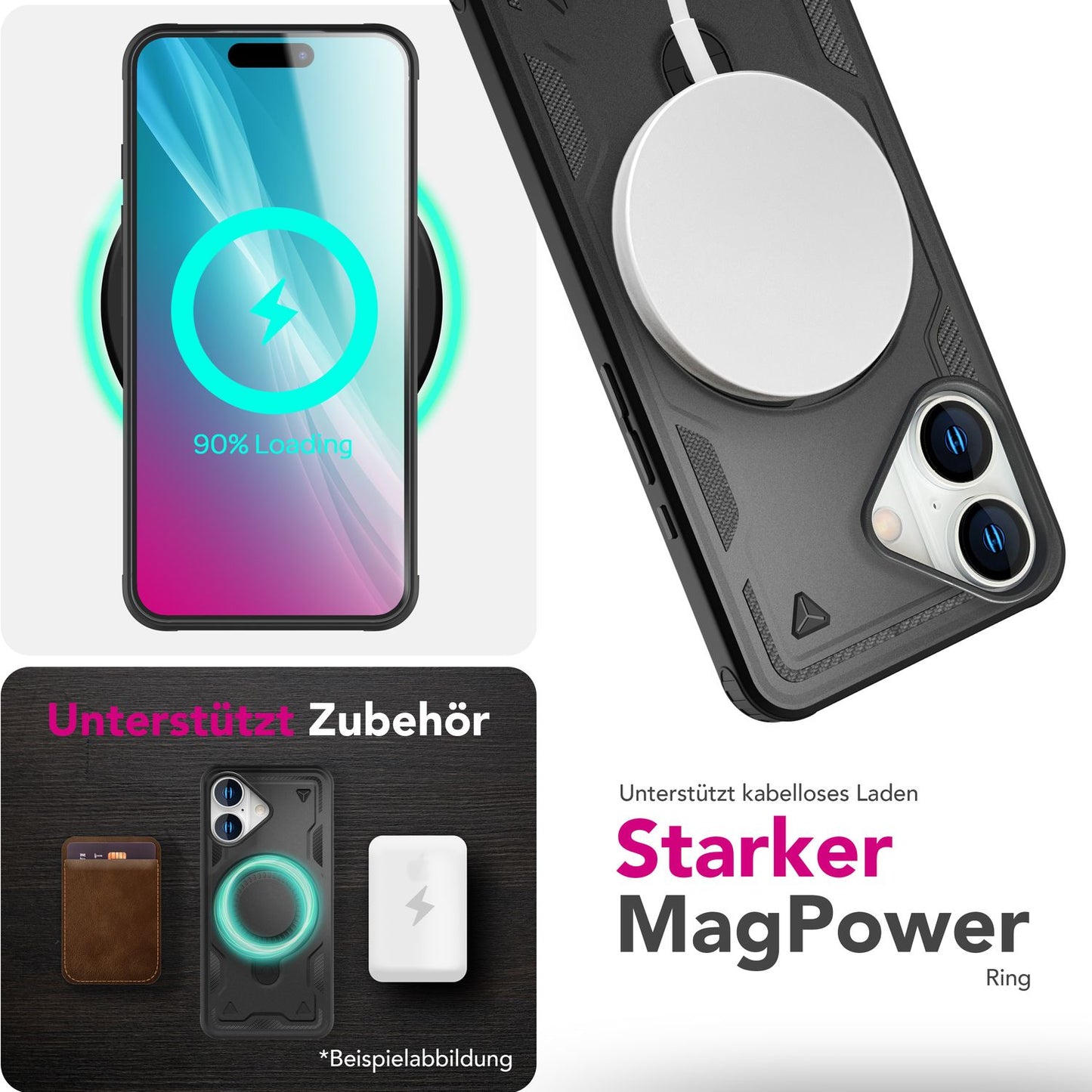 NALIA Stormguard hulstur fyrir iPhone 16 [fyrir MagSafe], Sterkt Armor hulstur, Hringfesting með 360° snúningi, Höggþolið og brotþolið, Sterkur MagPower segull, Þungur títansvartur