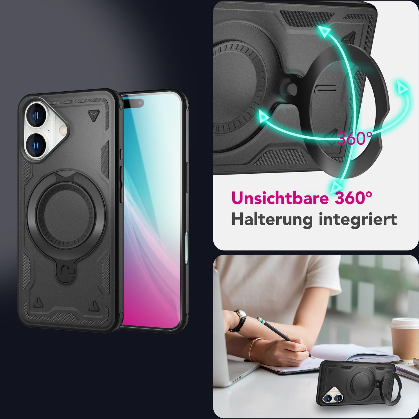 NALIA Stormguard hulstur fyrir iPhone 16 [fyrir MagSafe], Sterkt Armor hulstur, Hringfesting með 360° snúningi, Höggþolið og brotþolið, Sterkur MagPower segull, Þungur títansvartur