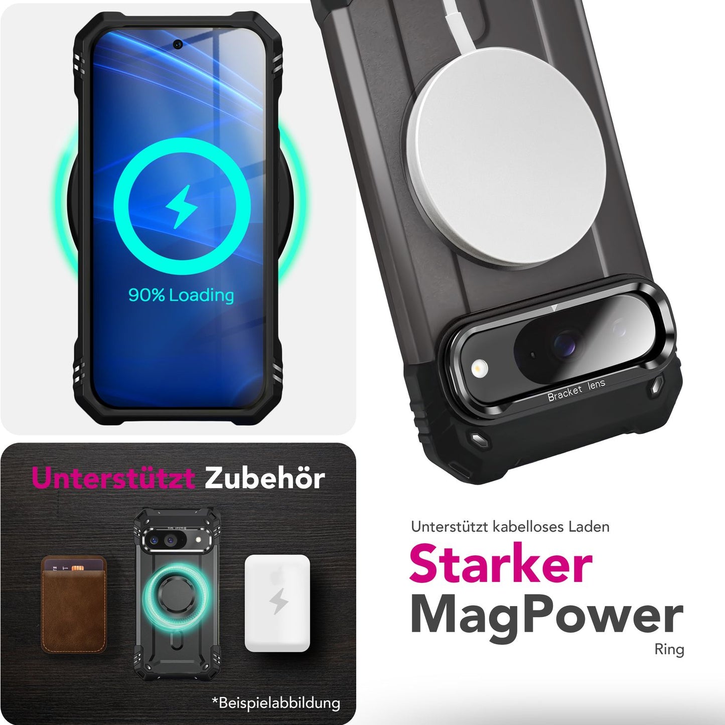 NALIA Granite Case for Google Pixel 9 – Phone Case with MagSafe, Shockproof Armored Hard Case with Dual-Layer Protection, Integrated Metal Kickstand, Military Cover