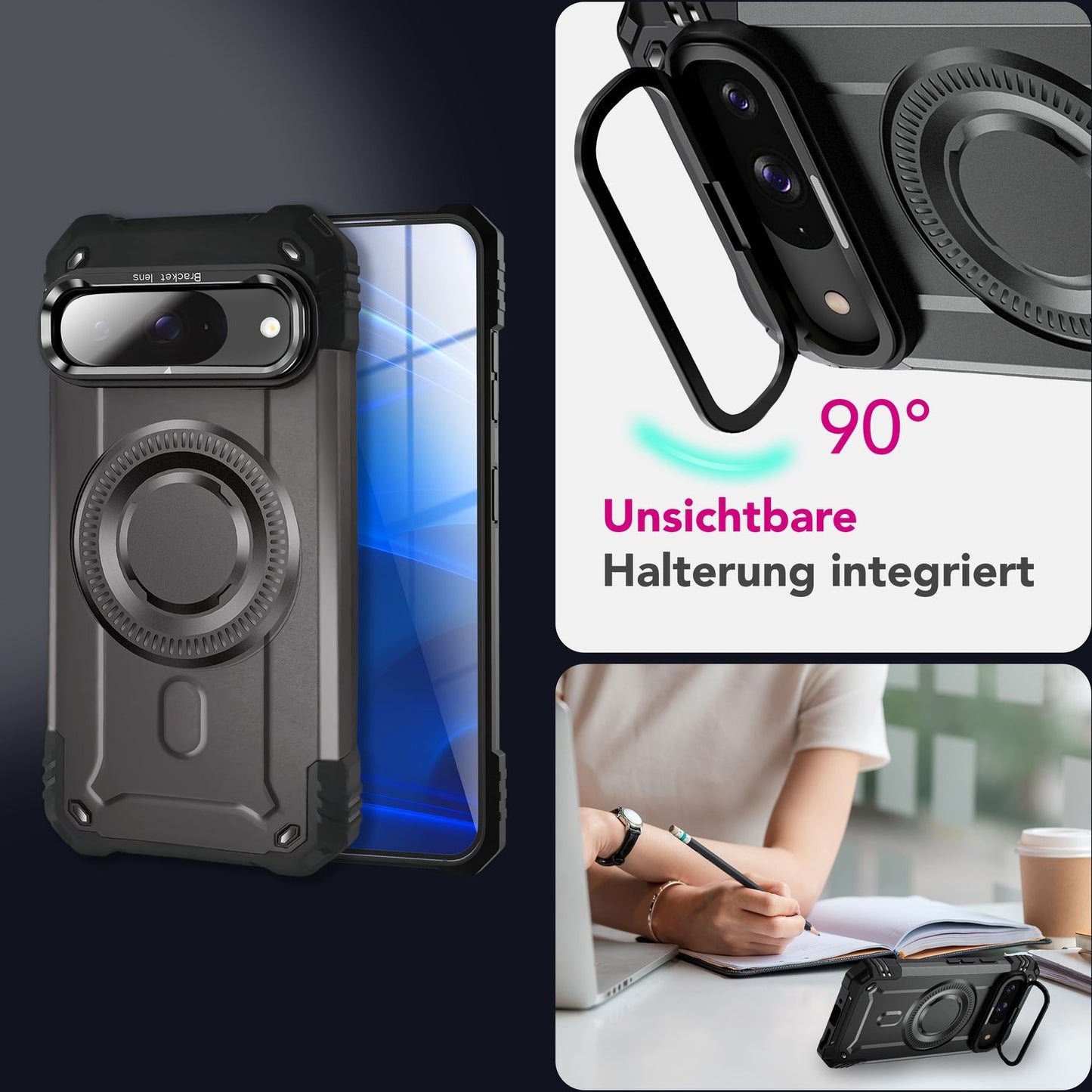 NALIA Granite Case for Google Pixel 9 – Phone Case with MagSafe, Shockproof Armored Hard Case with Dual-Layer Protection, Integrated Metal Kickstand, Military Cover