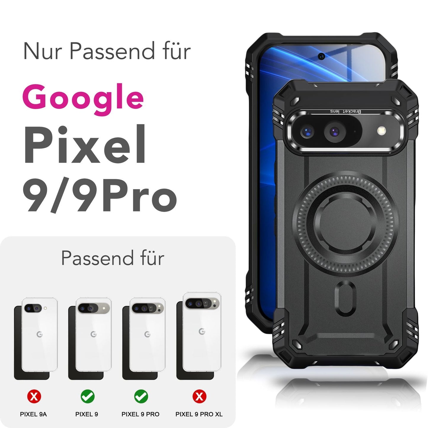 NALIA Granite Case for Google Pixel 9 – Phone Case with MagSafe, Shockproof Armored Hard Case with Dual-Layer Protection, Integrated Metal Kickstand, Military Cover