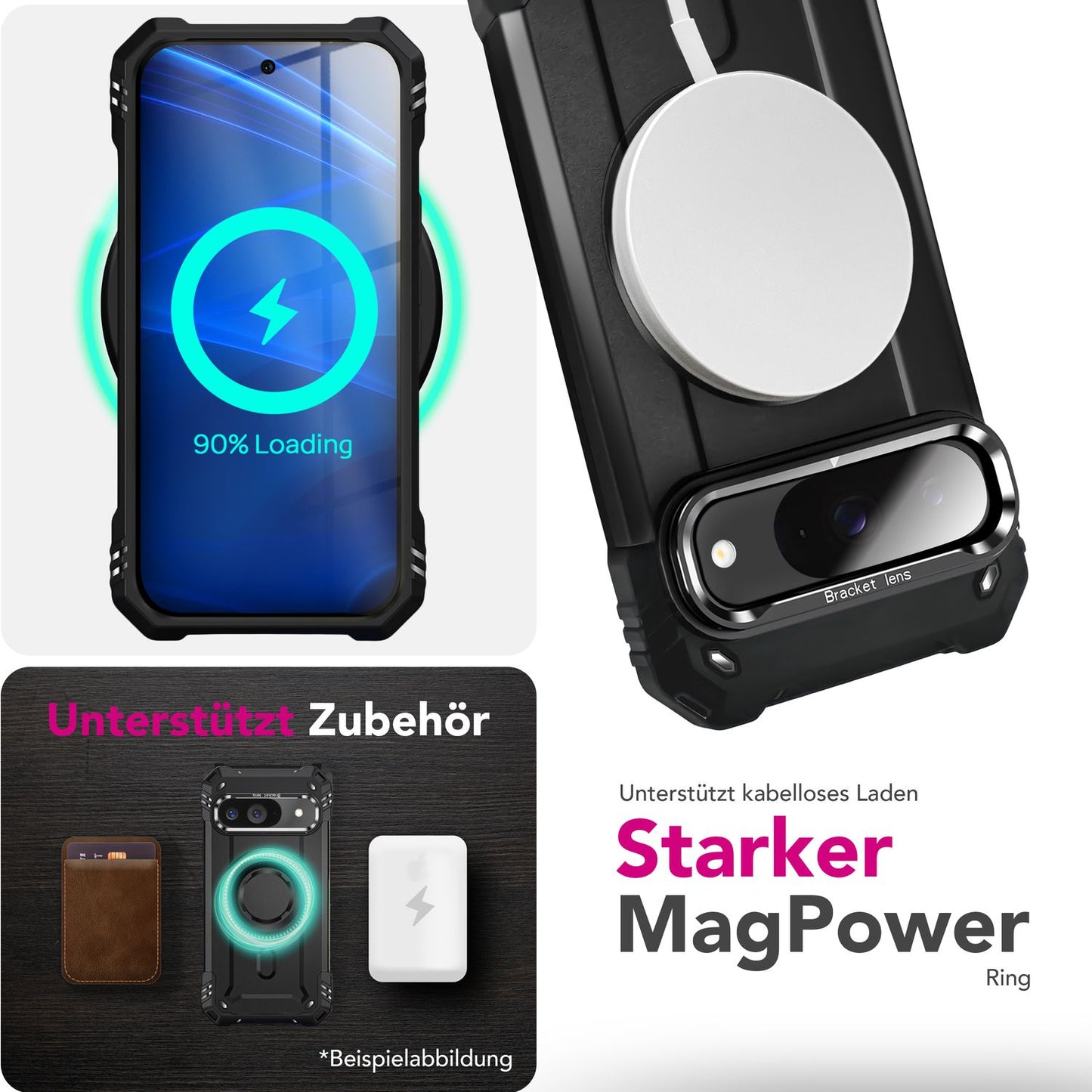 NALIA Granite Case for Google Pixel 9 – Phone Case with MagSafe, Shockproof Armored Hard Case with Dual-Layer Protection, Integrated Metal Kickstand, Military Cover