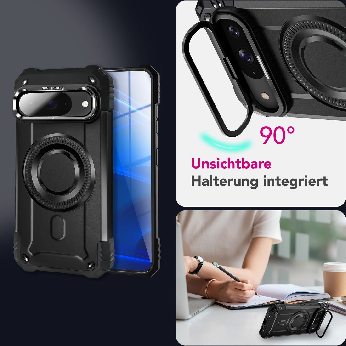 NALIA Granite Case for Google Pixel 9 – Phone Case with MagSafe, Shockproof Armored Hard Case with Dual-Layer Protection, Integrated Metal Kickstand, Military Cover