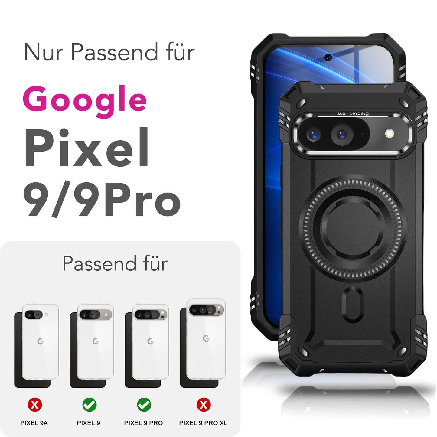 NALIA Granite Case for Google Pixel 9 – Phone Case with MagSafe, Shockproof Armored Hard Case with Dual-Layer Protection, Integrated Metal Kickstand, Military Cover