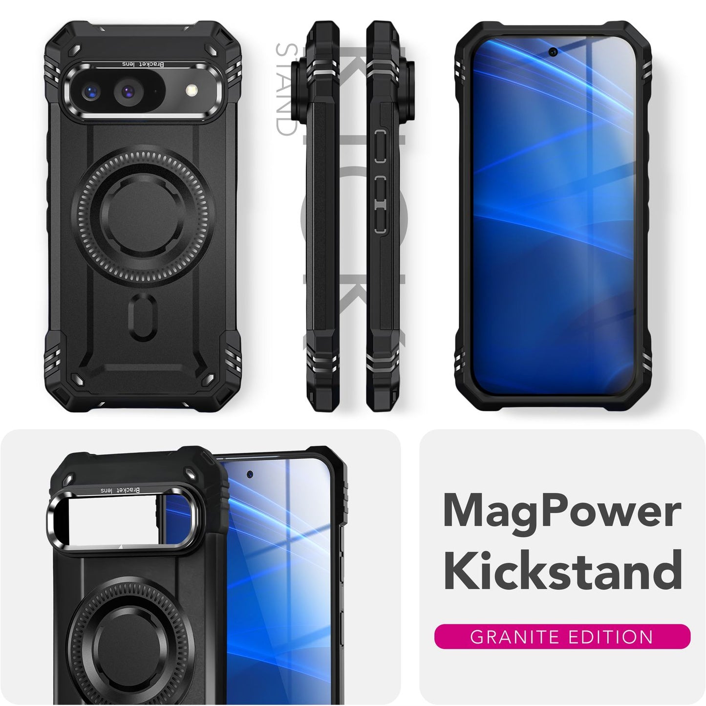 NALIA Granite Case for Google Pixel 9 – Phone Case with MagSafe, Shockproof Armored Hard Case with Dual-Layer Protection, Integrated Metal Kickstand, Military Cover