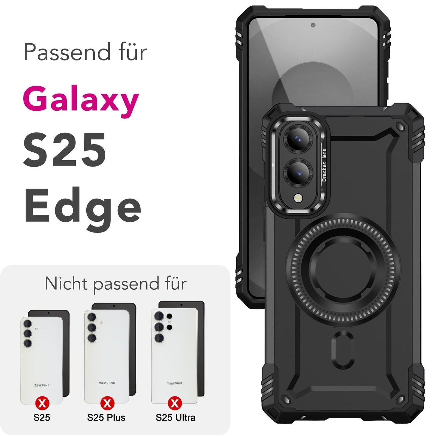 NALIA Granite Hülle für Samsung Galaxy S25 Edge – für MagSafe, Panzerhülle, Extrem Robust, Militär Schutzklasse, Kamera Standfuß, Integrierter Magnet-Ring, Schlagfest