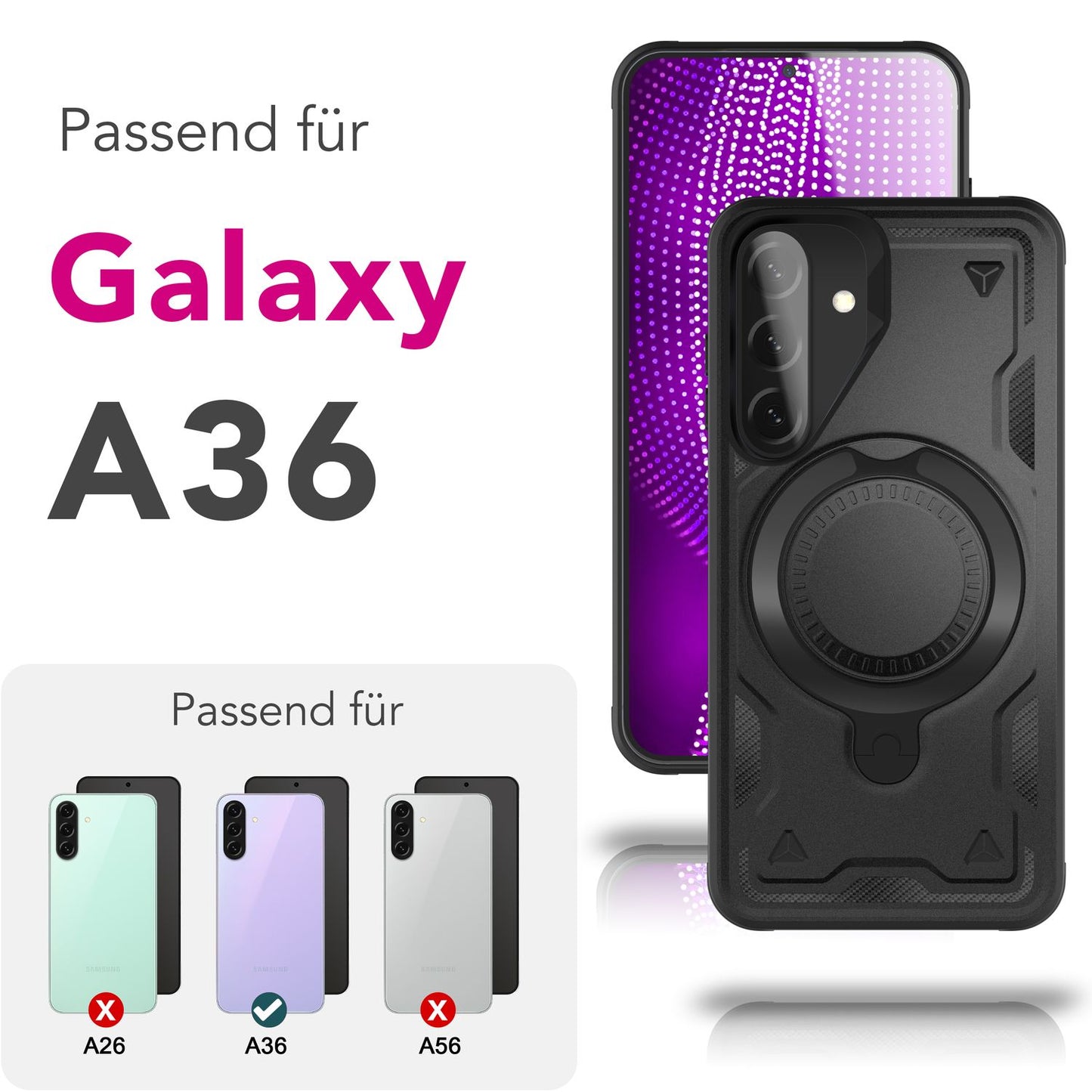 NALIA Stormguard hulstur fyrir Samsung Galaxy A36 – fyrir MagSafe, símahulstur í hernaðarstíl með höggdeyfingu og 360° hringfestingu, sterkt hart hulstur, útihulstur