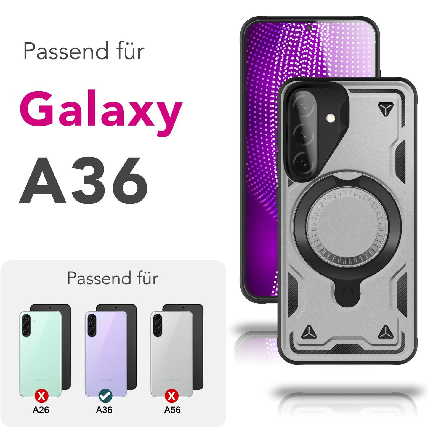 NALIA Stormguard hulstur fyrir Samsung Galaxy A36 – fyrir MagSafe, símahulstur í hernaðarstíl með höggdeyfingu og 360° hringfestingu, sterkt hart hulstur, útihulstur