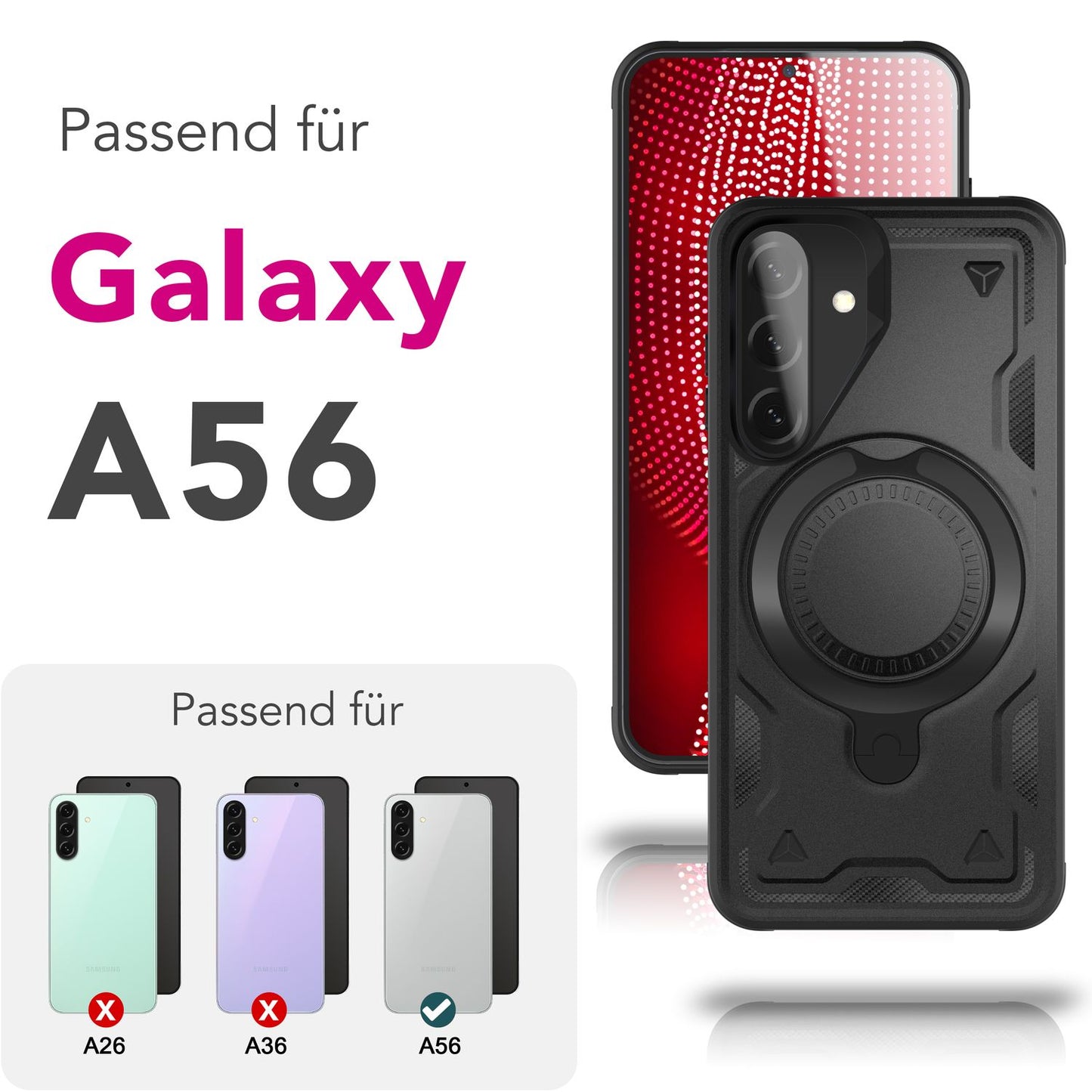 NALIA Stormguard hulstur fyrir Samsung Galaxy A56 – fyrir MagSafe, sterkt verndandi símahulstur með 360° snúningshring, standi, höggheldur útihulstur, hernaðarlegt verndarhulstur