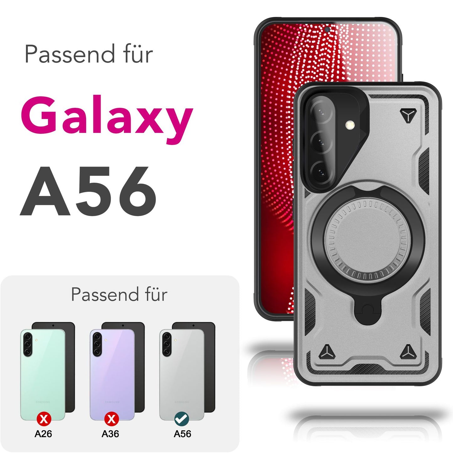 NALIA Stormguard hulstur fyrir Samsung Galaxy A56 – fyrir MagSafe, sterkt verndandi símahulstur með 360° snúningshring, standi, höggheldur útihulstur, hernaðarlegt verndarhulstur