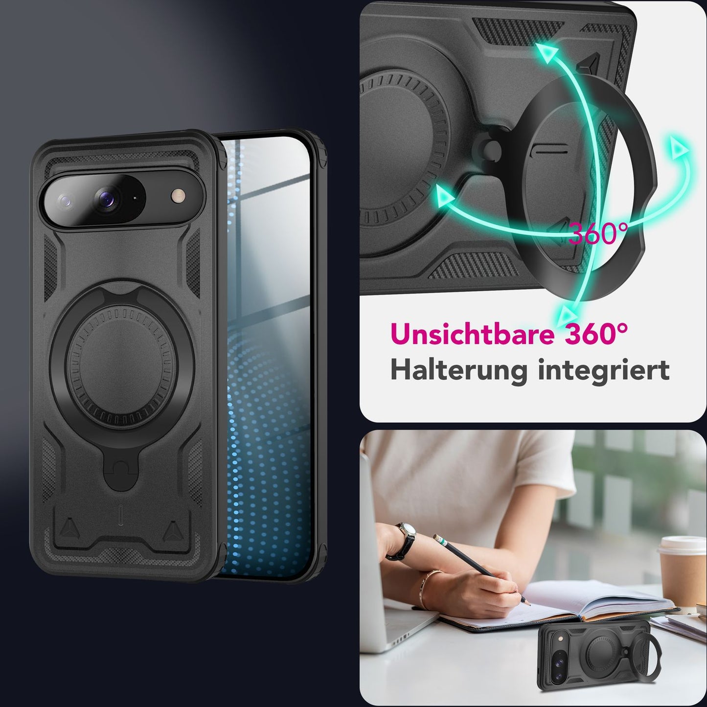 NALIA Stormguard hulstur fyrir Google Pixel 9 – Símahulstur með MagSafe, höggheldur harður hulstur með 360° hringfestingu, höggvörn, brynjað hlífðarhulstur í hernaðarstíl