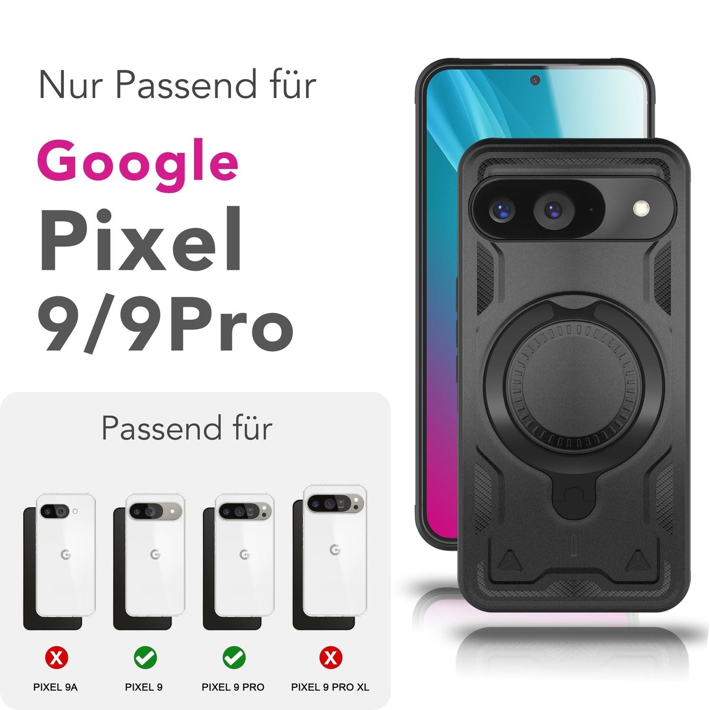 NALIA Stormguard hulstur fyrir Google Pixel 9 – Símahulstur með MagSafe, höggheldur harður hulstur með 360° hringfestingu, höggvörn, brynjað hlífðarhulstur í hernaðarstíl