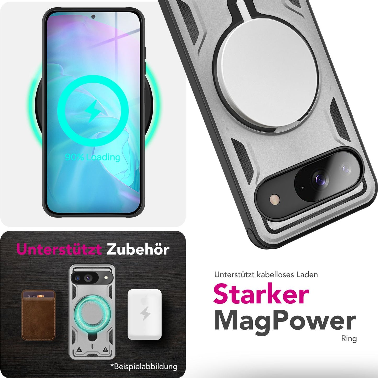 NALIA Stormguard hulstur fyrir Google Pixel 9 – Símahulstur með MagSafe, höggheldur harður hulstur með 360° hringfestingu, höggvörn, brynjað hlífðarhulstur í hernaðarstíl