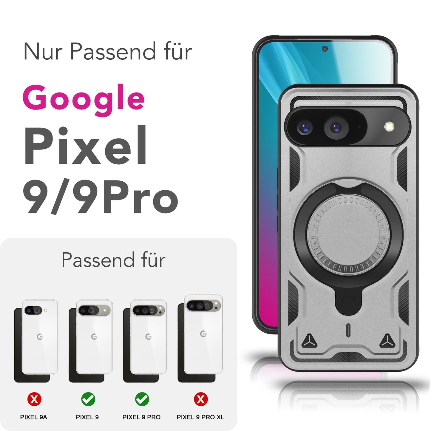 NALIA Stormguard hulstur fyrir Google Pixel 9 – Símahulstur með MagSafe, höggheldur harður hulstur með 360° hringfestingu, höggvörn, brynjað hlífðarhulstur í hernaðarstíl