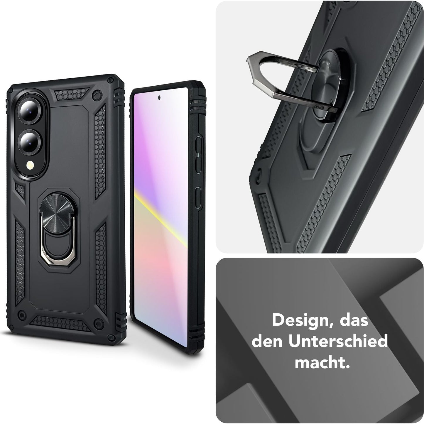 NALIA RingDefend hulstur fyrir Samsung Galaxy S25 Edge – Svart hernaðarstíls hulstur, höggheld fallvörn, 360° fingurhaldari og standur, einstaklega sterkt og endingargott