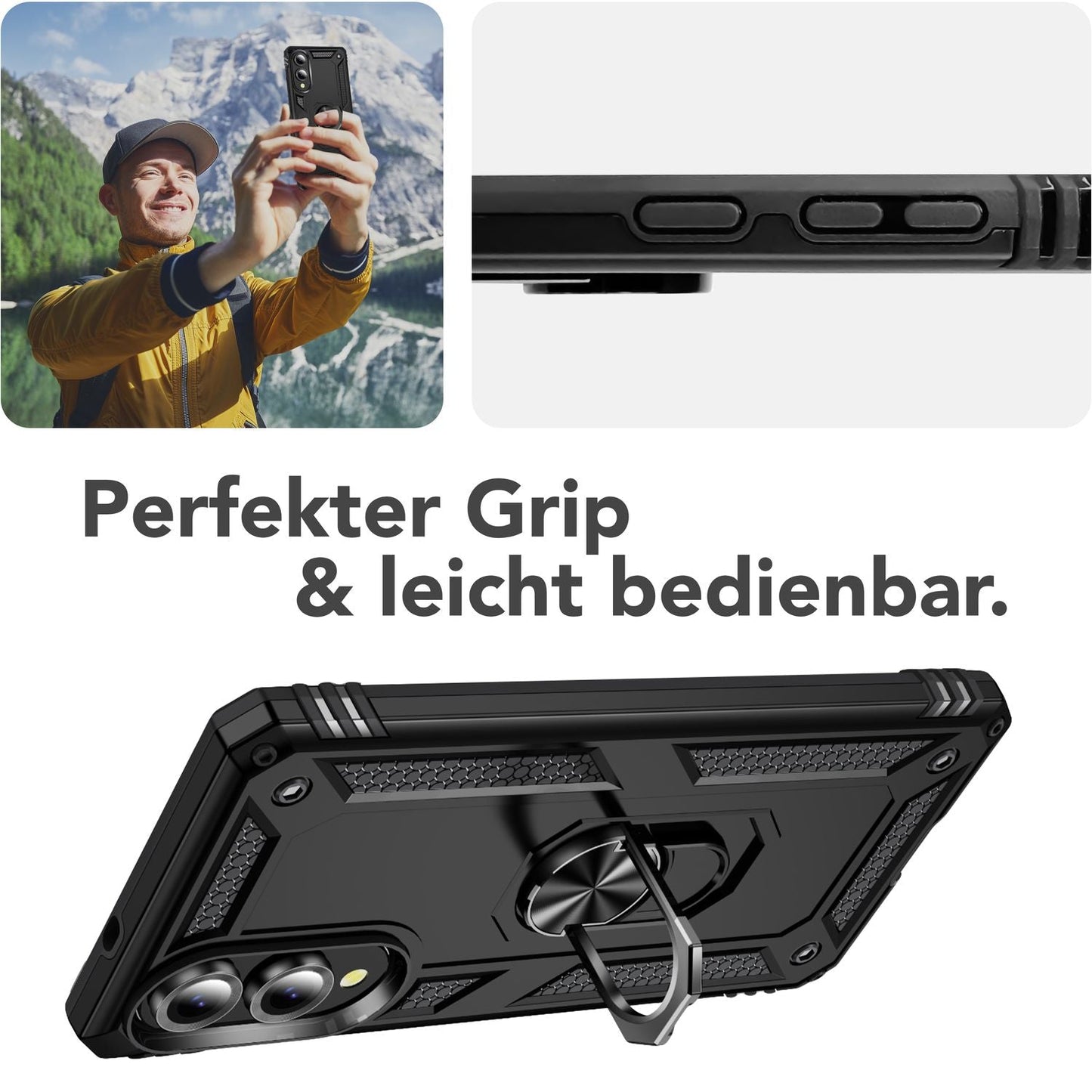 NALIA RingDefend hulstur fyrir Samsung Galaxy S25 Edge – Svart hernaðarstíls hulstur, höggheld fallvörn, 360° fingurhaldari og standur, einstaklega sterkt og endingargott