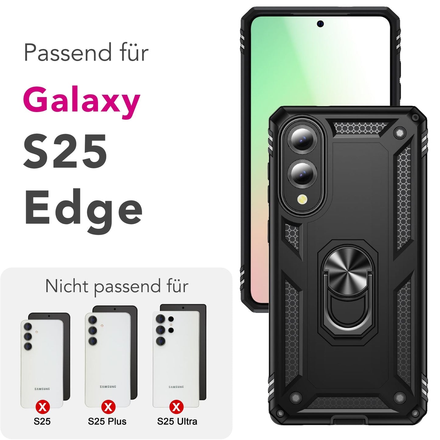 NALIA RingDefend hulstur fyrir Samsung Galaxy S25 Edge – Svart hernaðarstíls hulstur, höggheld fallvörn, 360° fingurhaldari og standur, einstaklega sterkt og endingargott