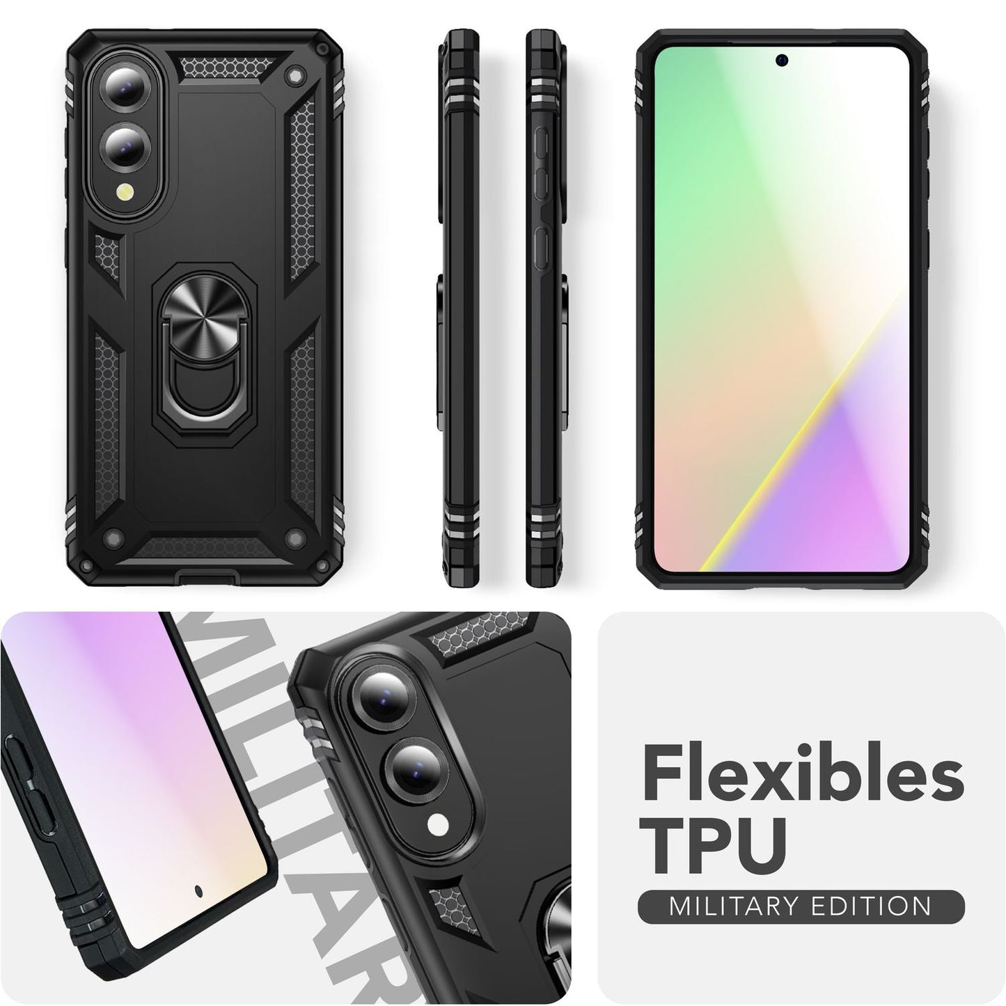 NALIA RingDefend hulstur fyrir Samsung Galaxy S25 Edge – Svart hernaðarstíls hulstur, höggheld fallvörn, 360° fingurhaldari og standur, einstaklega sterkt og endingargott