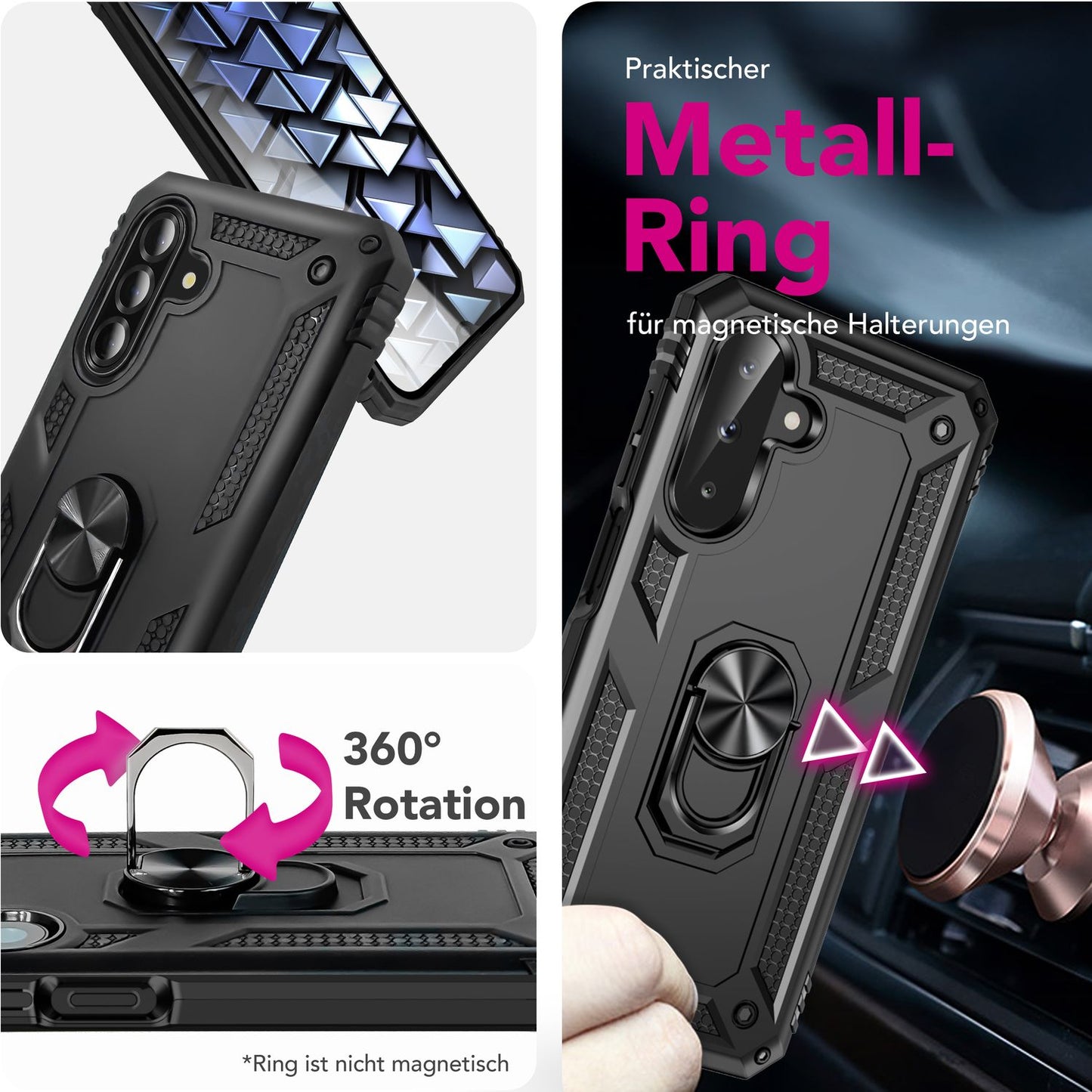 NALIA RingDefend Case for Samsung Galaxy A26 – Robust Armored Case with 360° Rotating Metal Ring, Kickstand &amp; Finger Holder, Shockproof Outdoor Protective Case, Non-Slip - Black