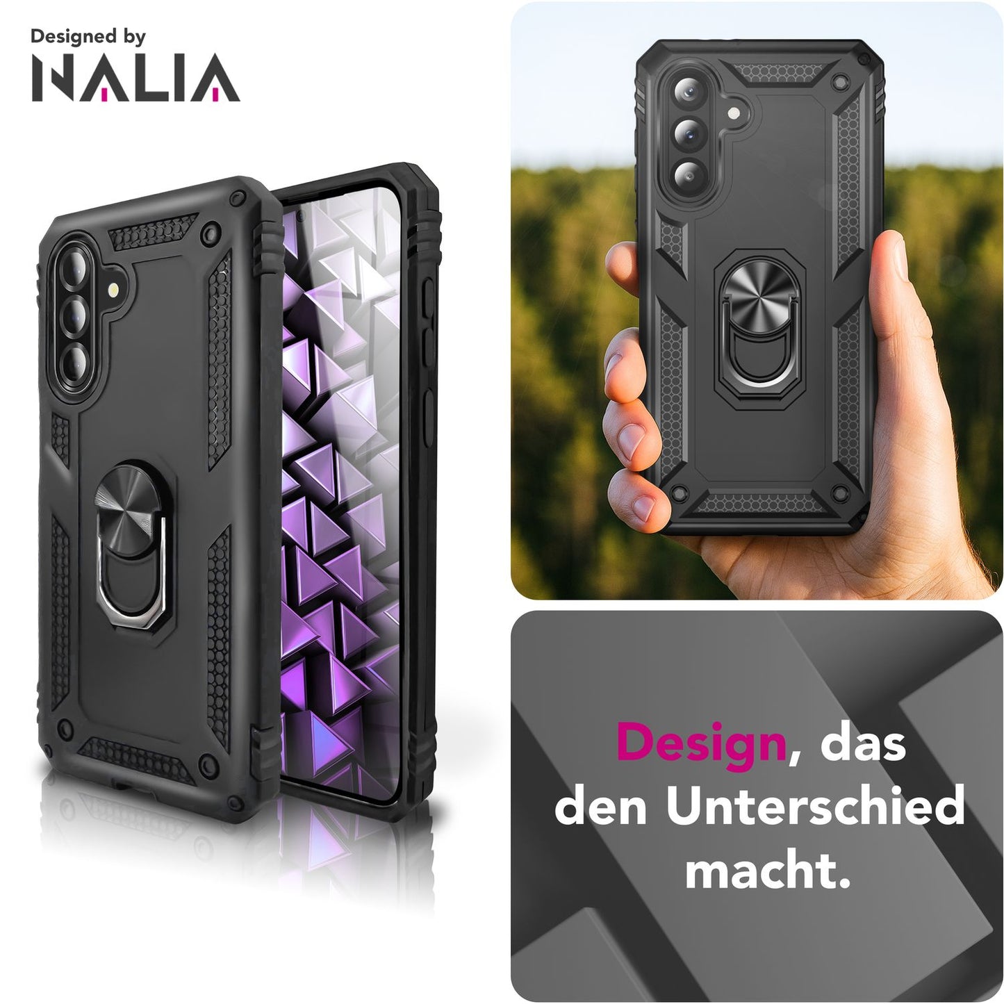 NALIA RingDefend Case for Samsung Galaxy A36 – Military-Grade Armored Phone Case with 360° Metal Ring &amp; Kickstand, Shockproof Armor Cover with Grip, Outdoor Protective Case - Black